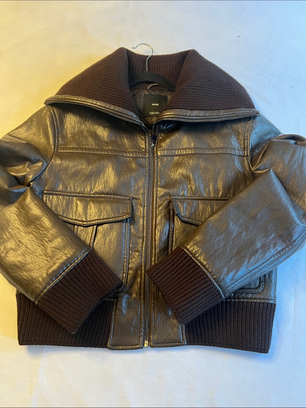 NWOT Mango Chocolate Brown Faux Leather Bomber Jacket with Rib Knit Trim